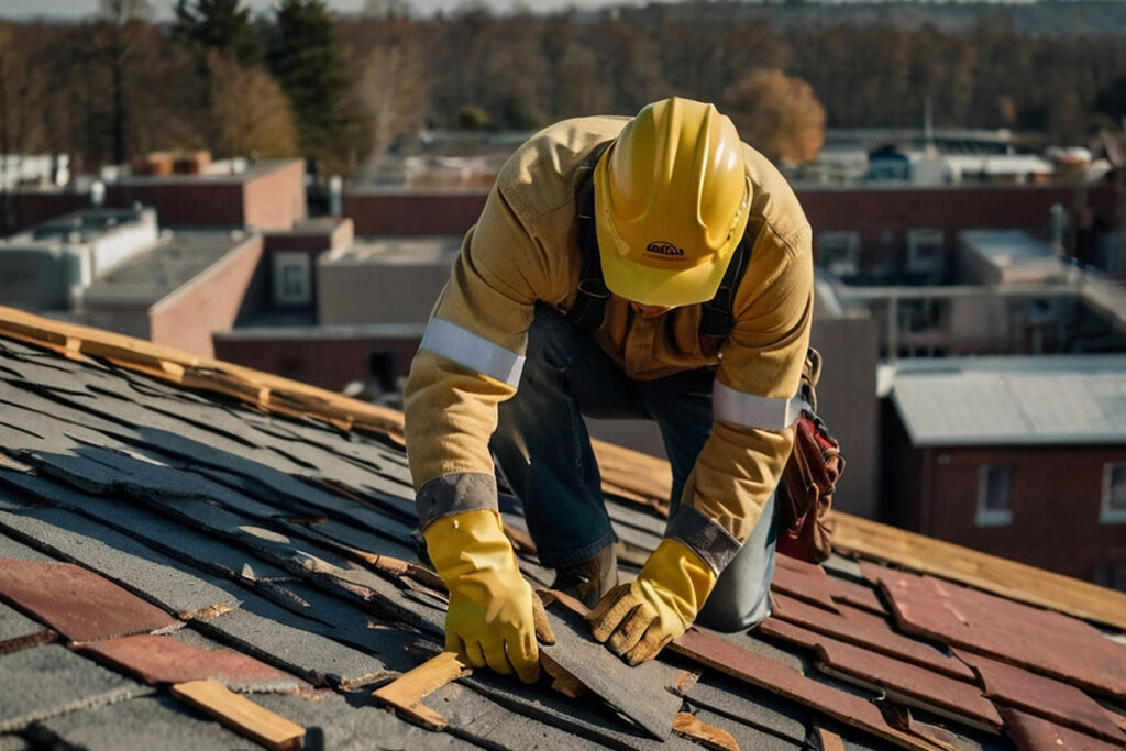 Roofer repairing a storm-damaged roof in Texas