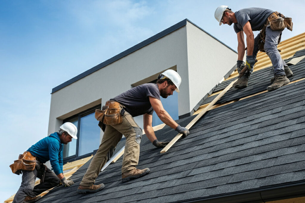 Roofing crew installing shingles on a Texas home